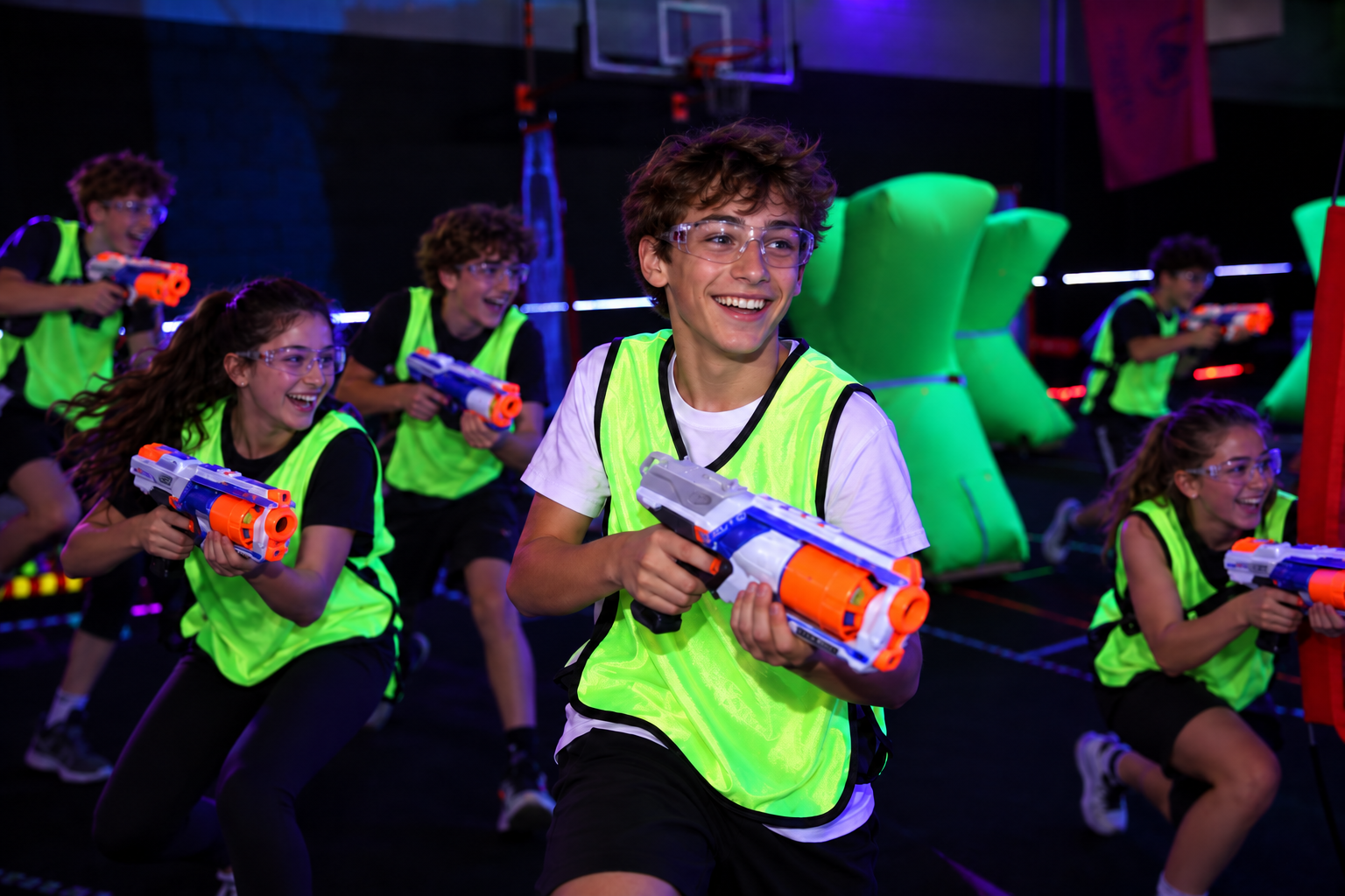 Teens playing Nerf Blaster Battles during an indoor birthday party in North York.