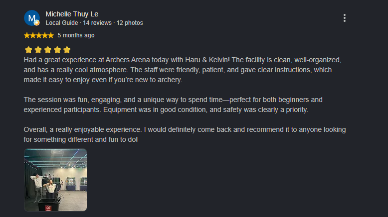 Five-star Google review praising Archers Arena Toronto team-building archery experience