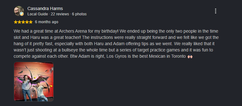 Five-star review calling Archers Arena the number one activity to experience in Toronto