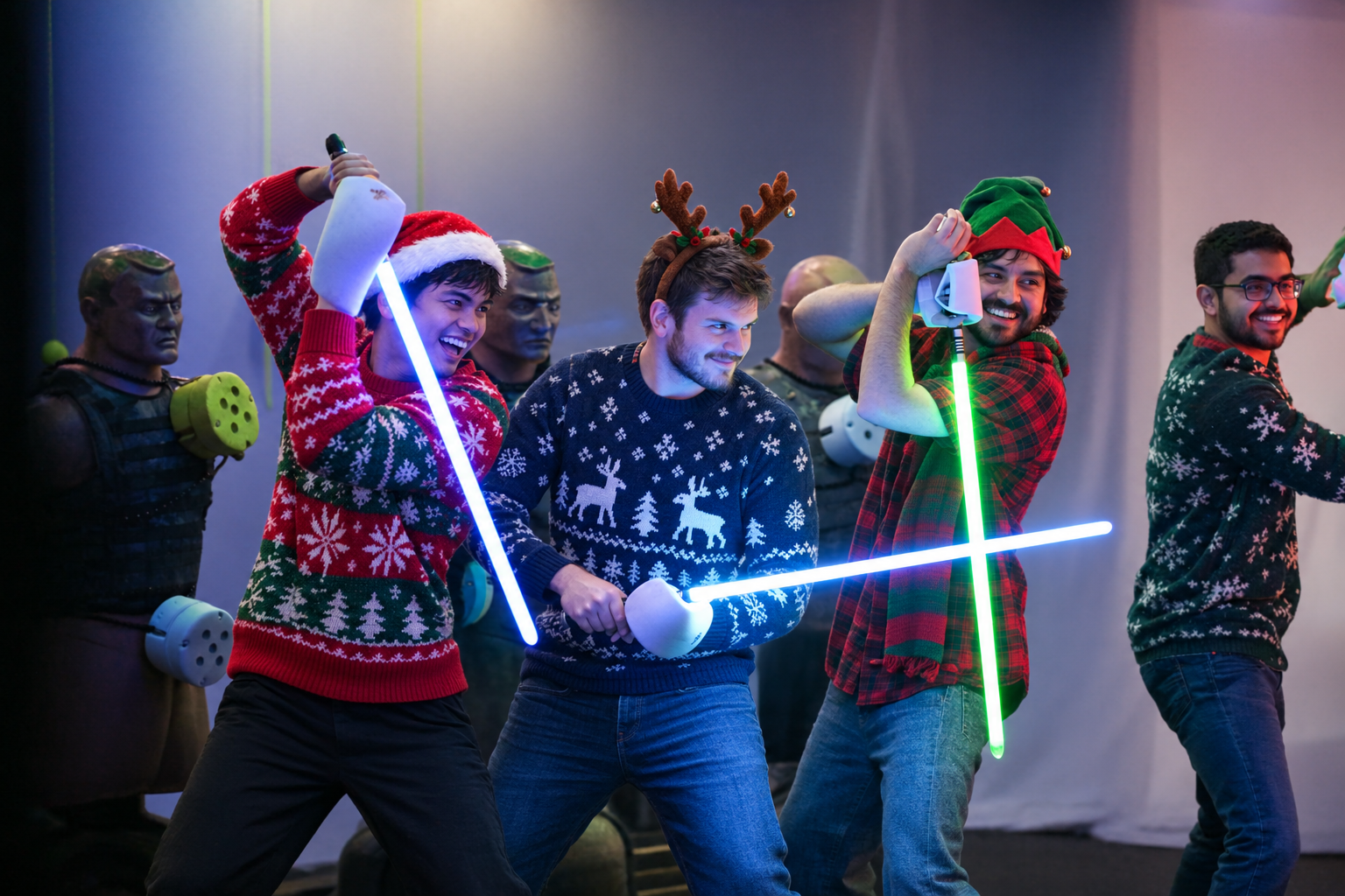 Coworkers dueling in Saber Wars during a company holiday party in Toronto