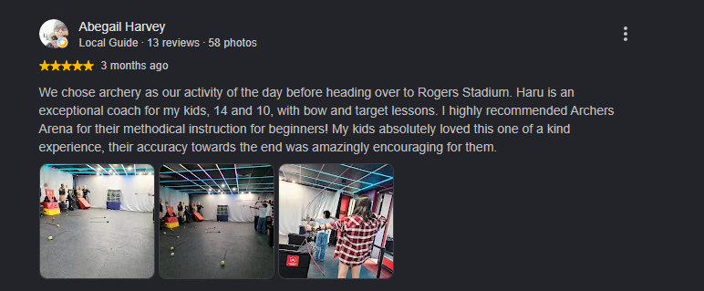 Google review of beginner archery lessons in Toronto exceeding expectations at Archers Arena