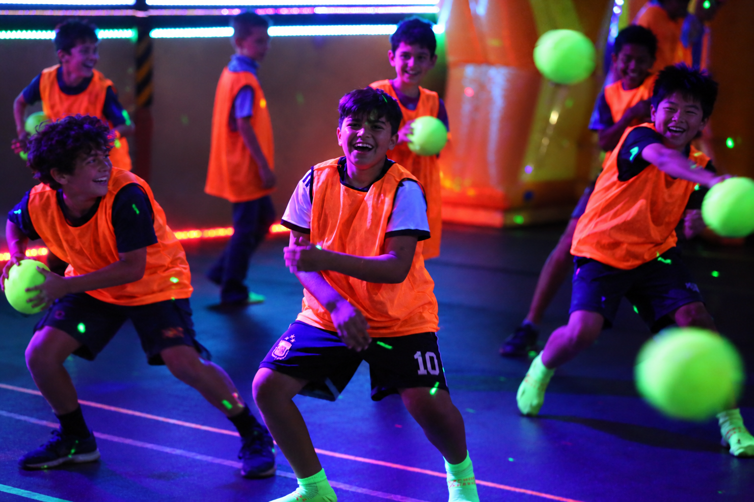 Kids playing blacklight dodgeball indoors in Toronto