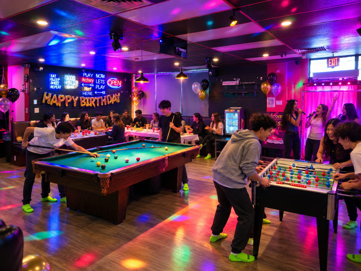 Teens celebrating a birthday party at Archers Arena in Toronto, enjoying karaoke, billiards, foosball, and party food with friends.