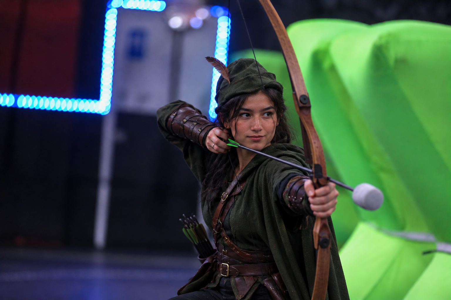 Player in a forest archer costume aiming a bow during a Halloween combat archery game in Toronto