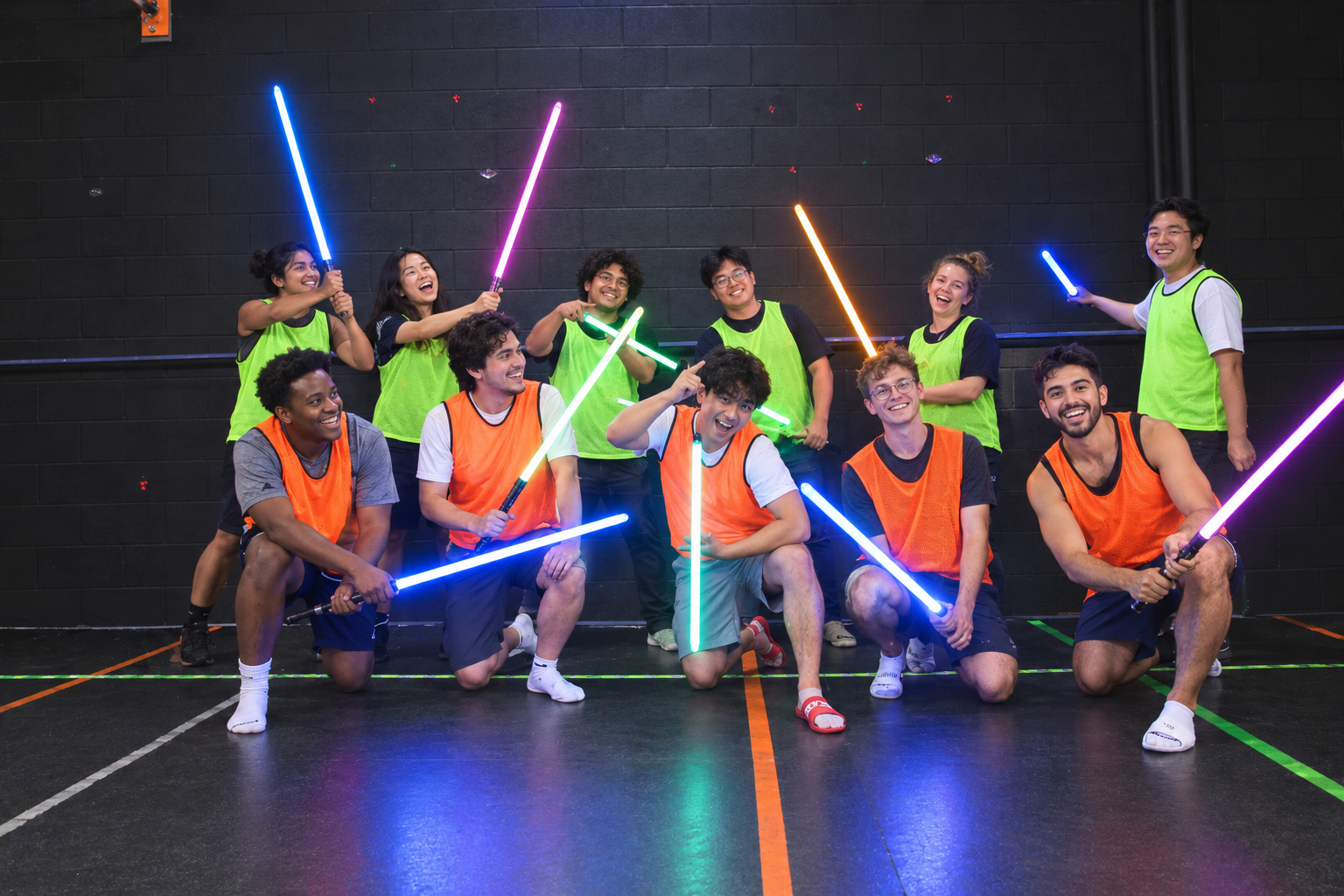 colleagues dueling with glowing sabers at a company holiday party in North York
