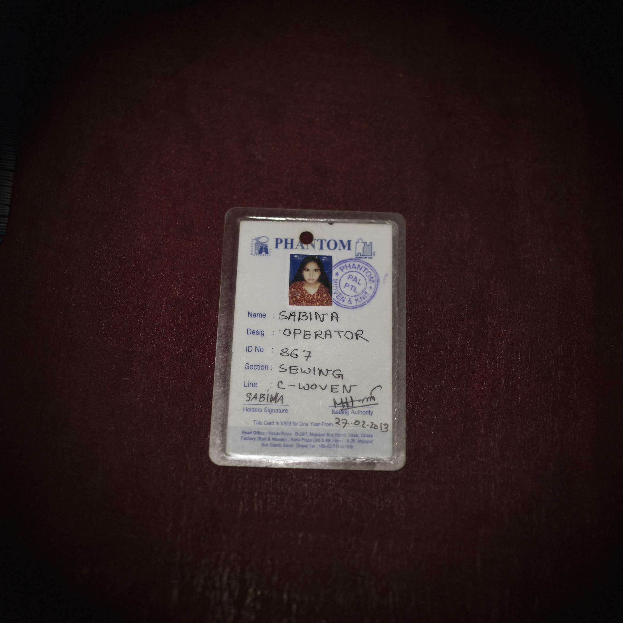 Sabina’s ID card from the factory, in which she worked for six years, in Rana Plaza.
