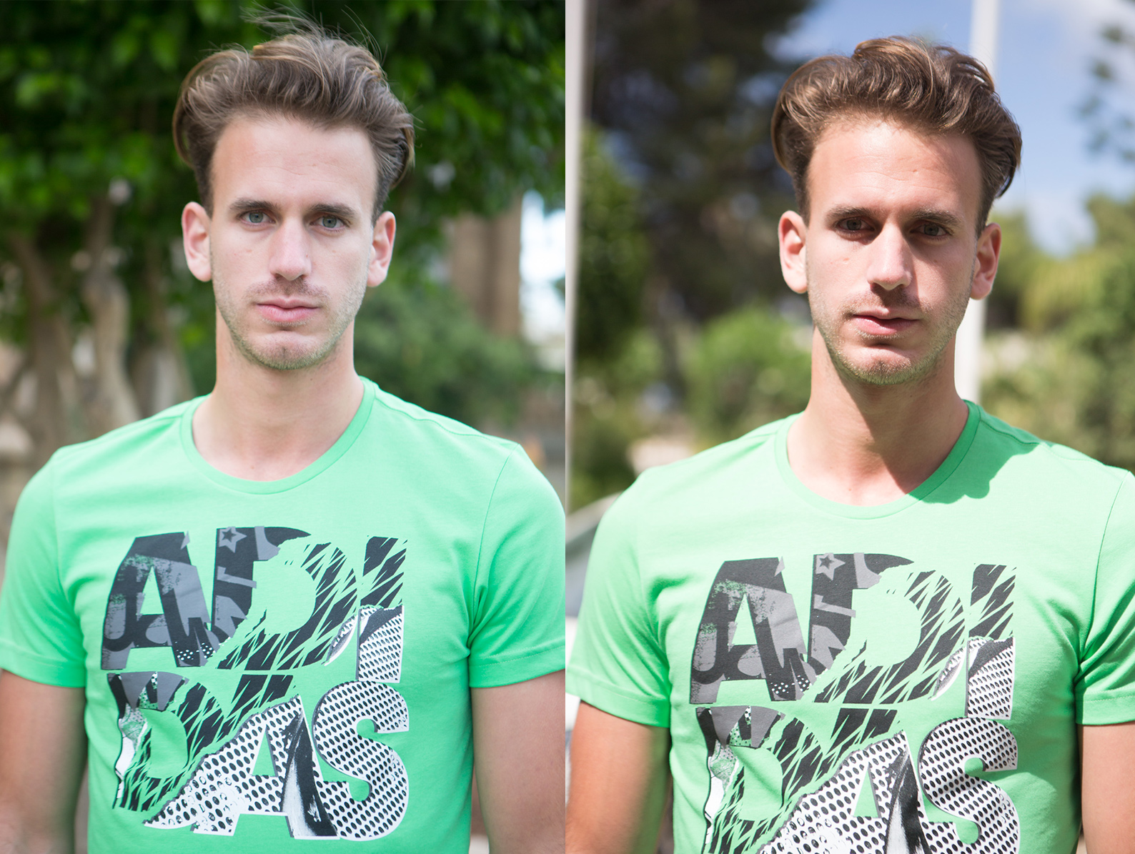 The left image is shot in the shade of a nearby building, whereas the image on the right is not in direct sunlight
