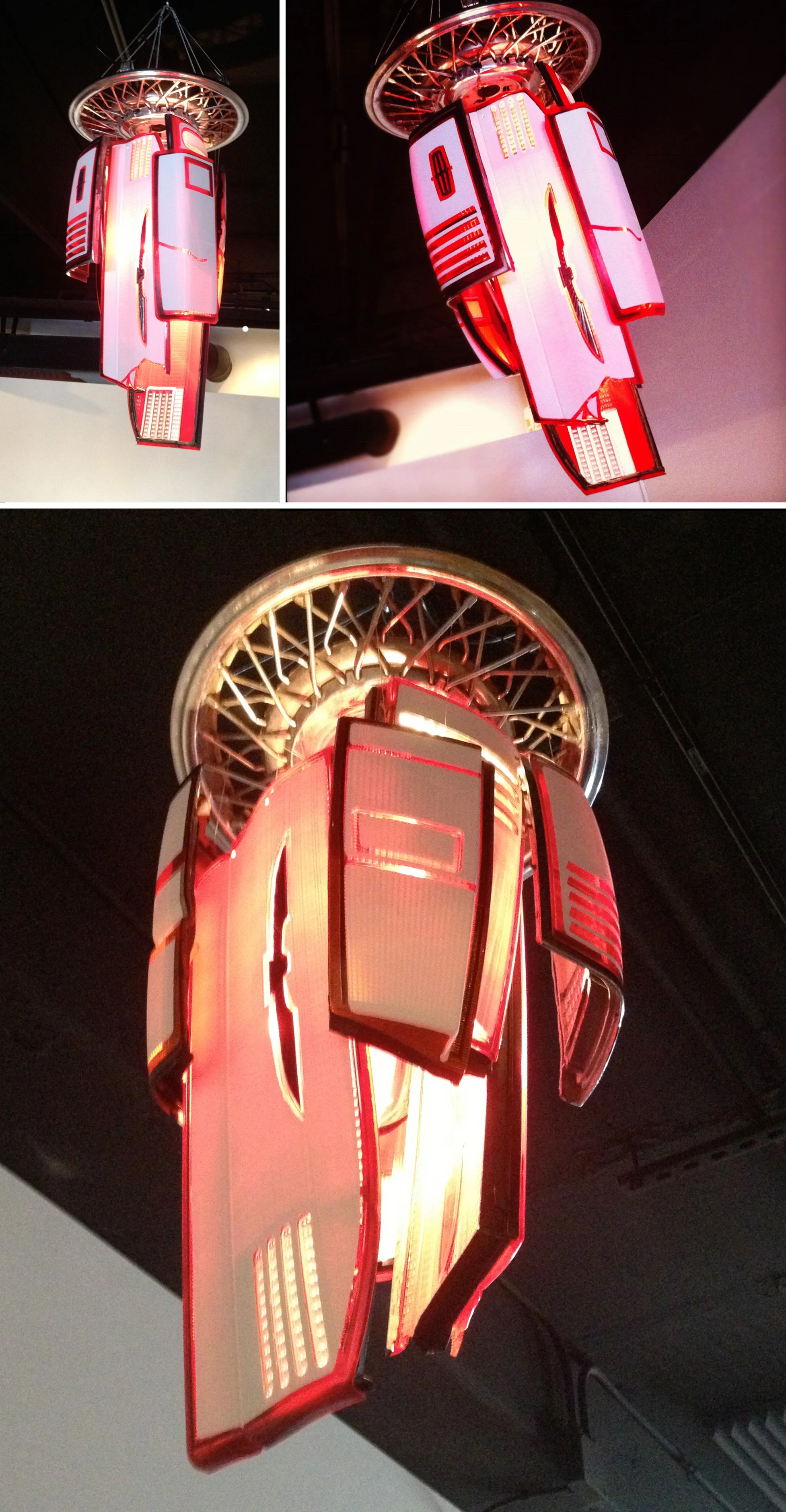 After spending some time suspending the lenses from the hubcap, the finished product was ready to be hung. I'm very satisfied with how everything turned out and it was quite a fun learning experience making this lamp!