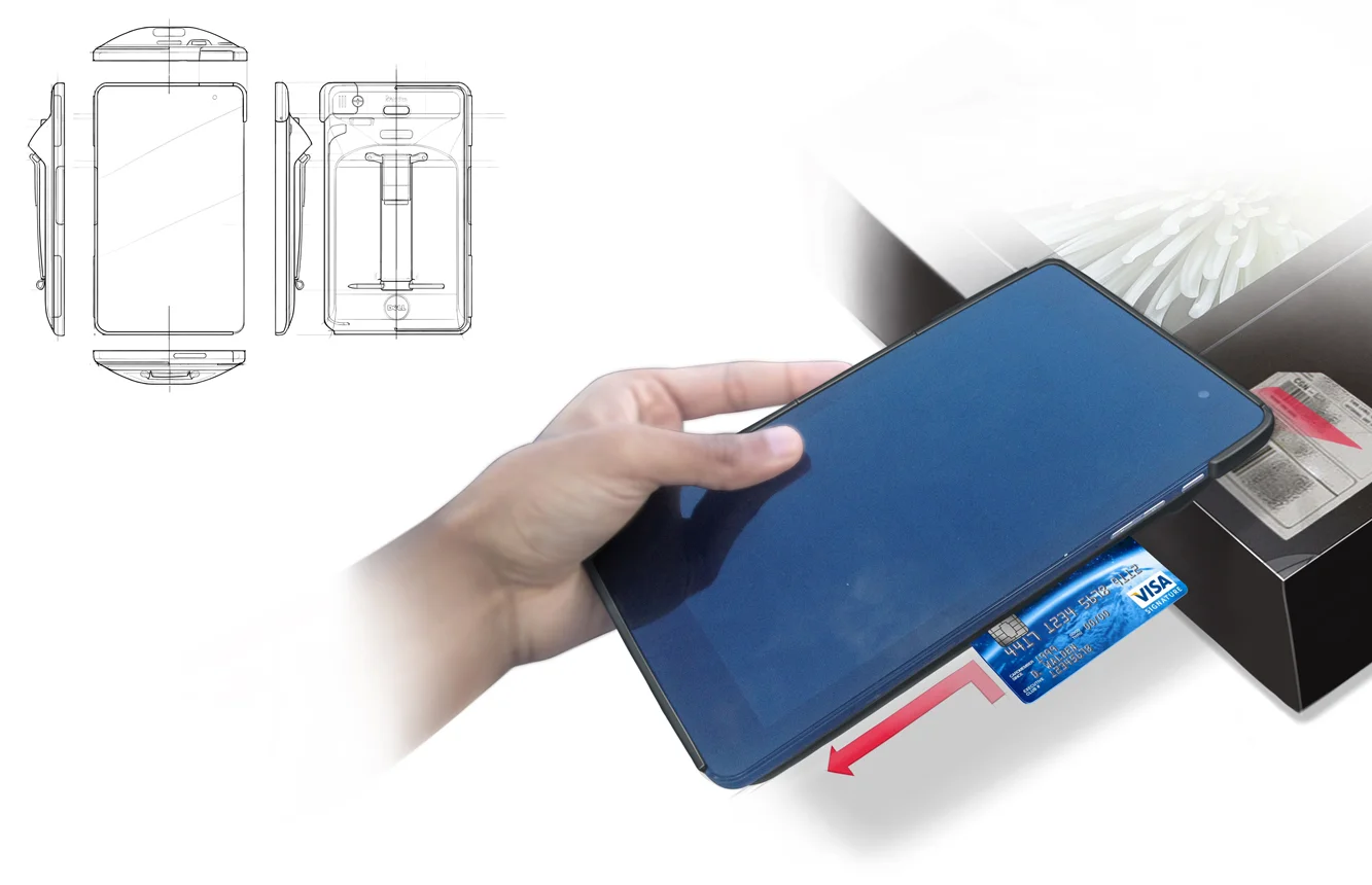 VeriFone narrowed the selection down to solutions for the large Dell tablet and the 8 inch tablet. These solutions took more consideration towards a more refined form. The illustrations show how each product would be used.