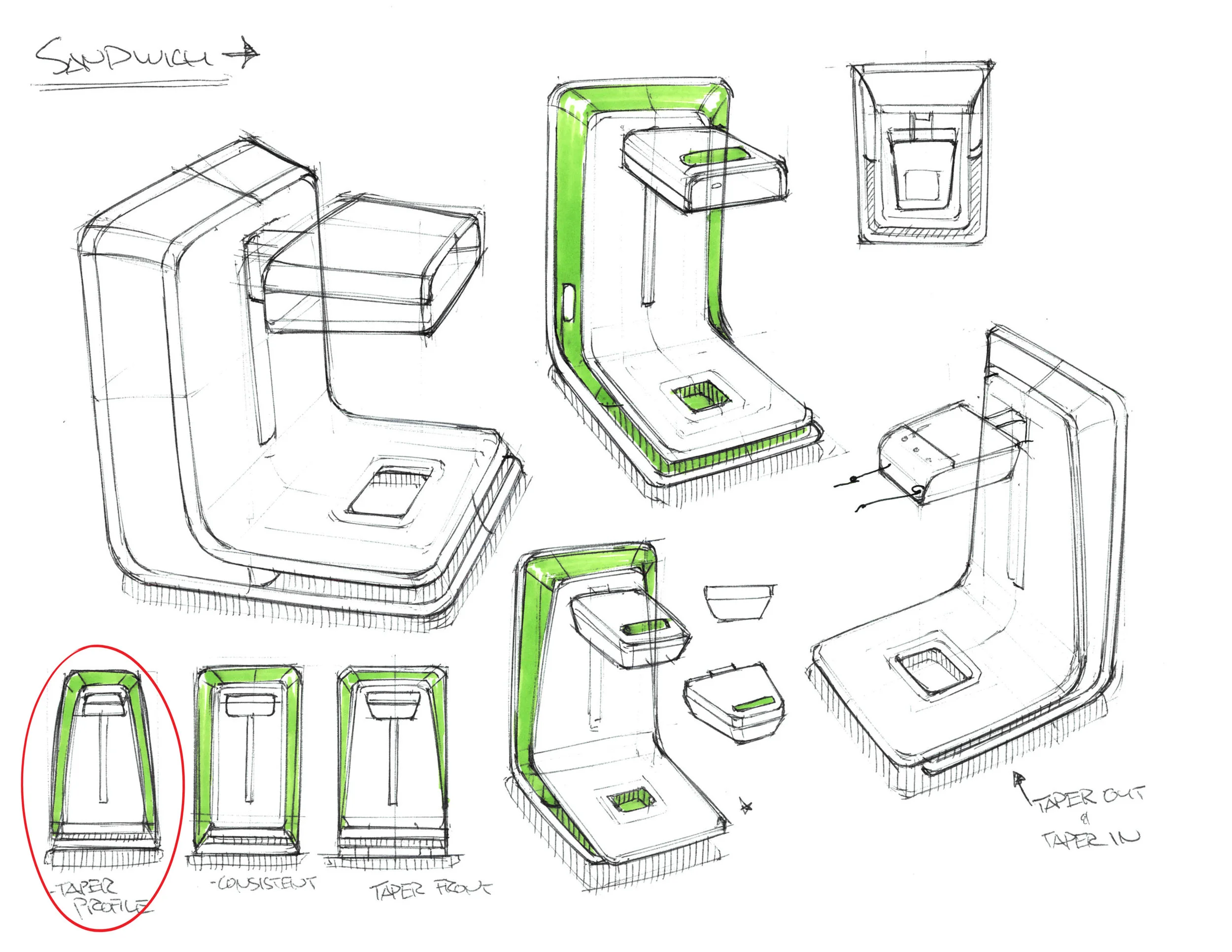  This sketch page set the design direction that has an incorporated head into the body and a tapered front profile.   
