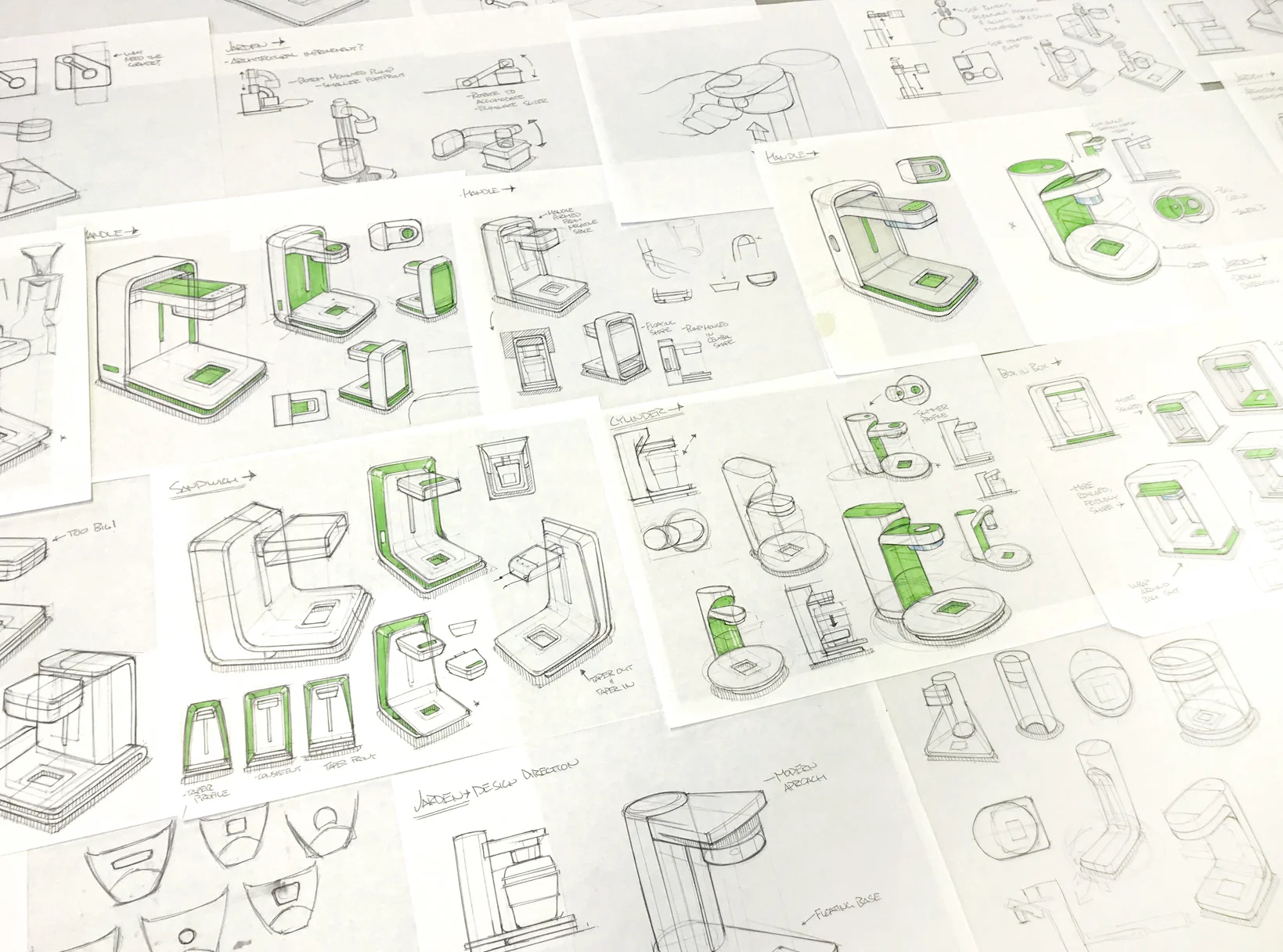  Ideation pages exploring design variations, features and mechanisms   