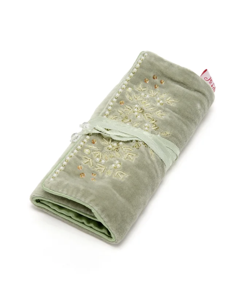 Green velvet beaded jewellery roll