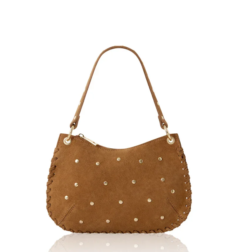 STUDDED SUEDE DARK TAN BAG