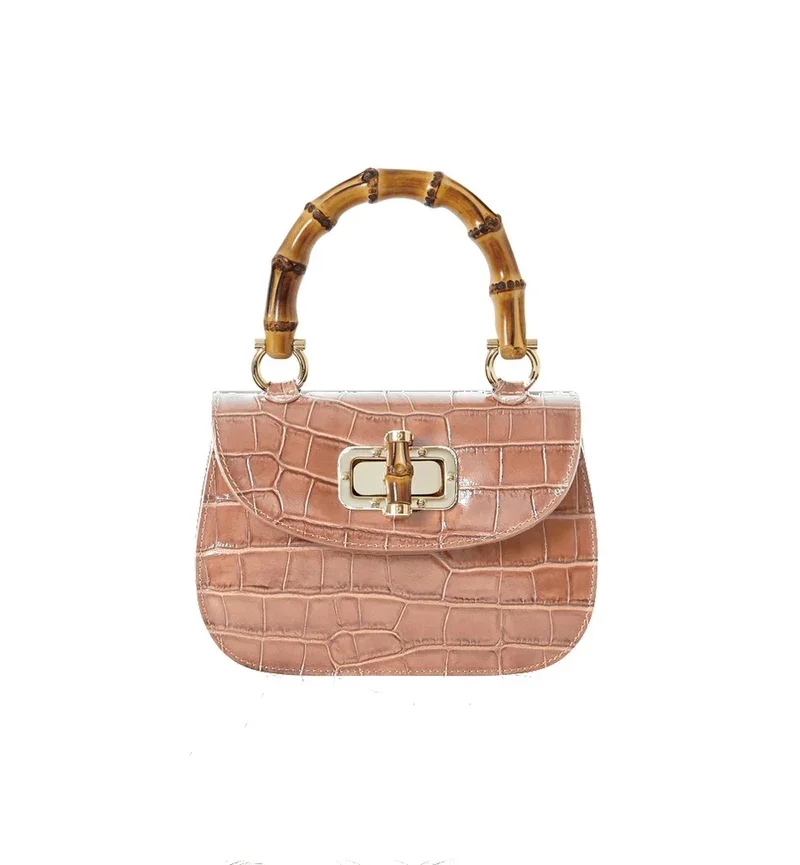 FAUX CROC LEATHER HANDBAG BAMBOO HANDLE - SMOKE ROSE