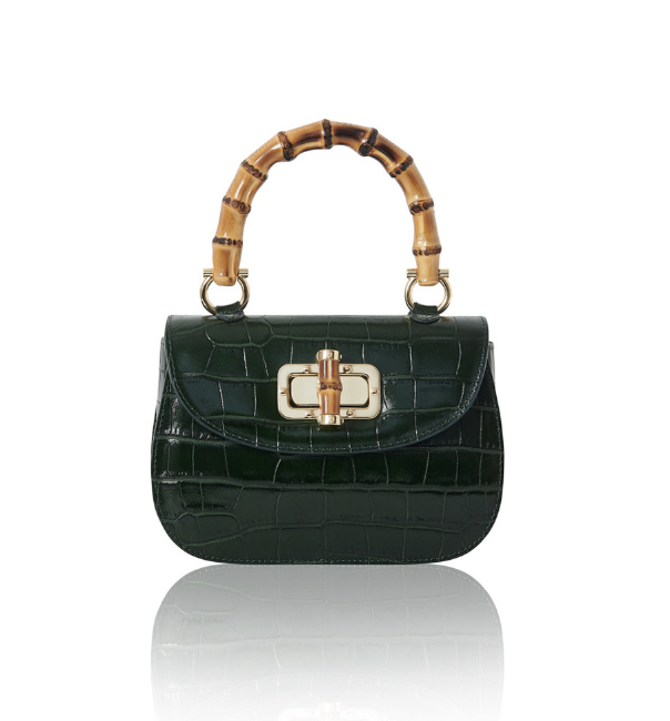 FAUX CROC LEATHER HANDBAG BAMBOO HANDLE - GREEN