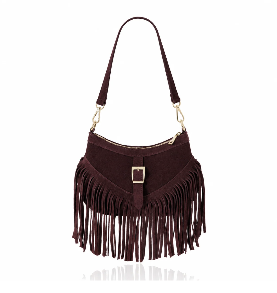 SUEDE LEATHER FRINGE BAG PLUM