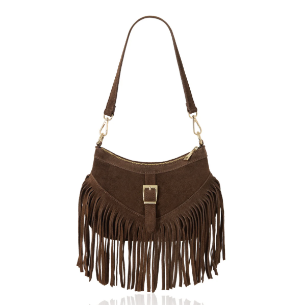 SUEDE LEATHER FRINGE BAG CHOCOLATE BROWN