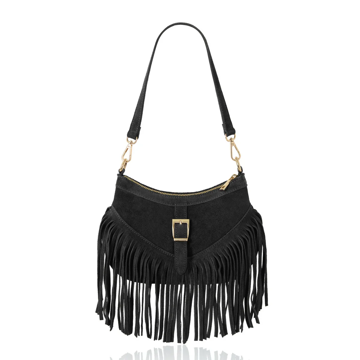 SUEDE LEATHER FRINGE BAG BLACK