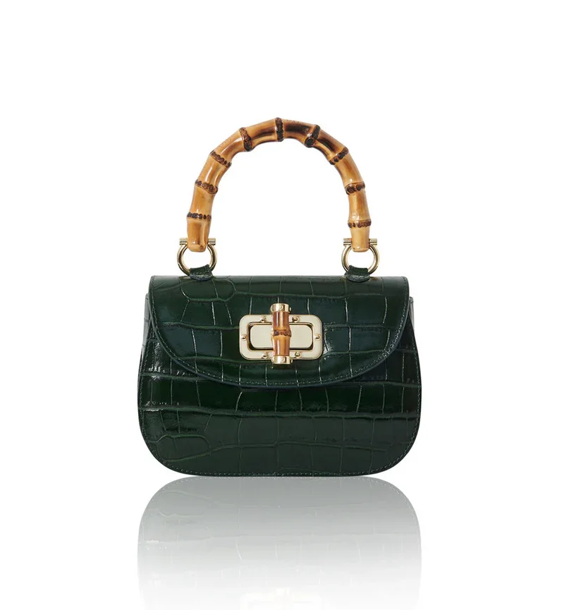 FAUX CROC LEATHER HANDBAG BAMBOO HANDLE - DARK GREEN