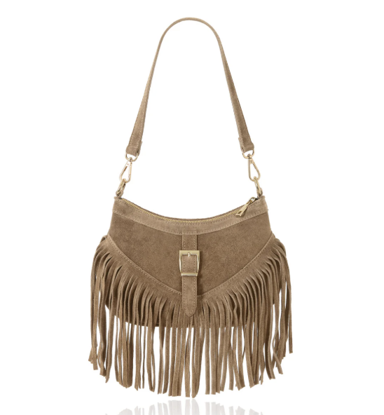 SUEDE LEATHER FRINGE BAG LIGHT TAUPE