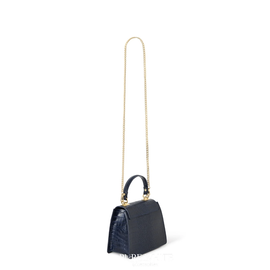LEATHER TOP HANDLE CROC BAG - NAVY
