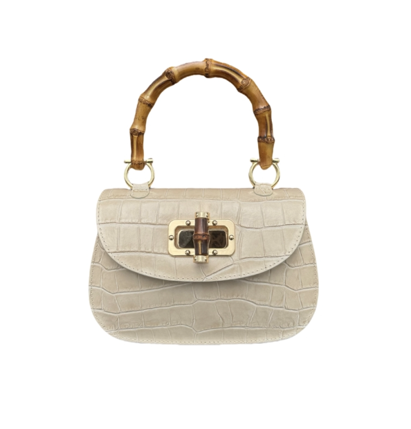 FAUX CROC LEATHER HANDBAG BAMBOO HANDLE - CREAM