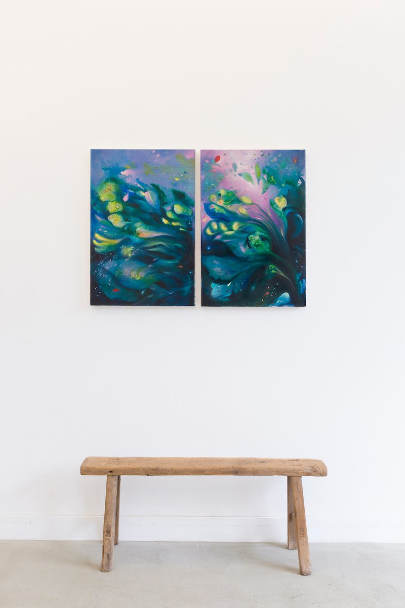Magnetic Fields, acrylic ink, watercolour powder and oil on canvas ​, 100x70x3.6cm (50x70cm each), 2025