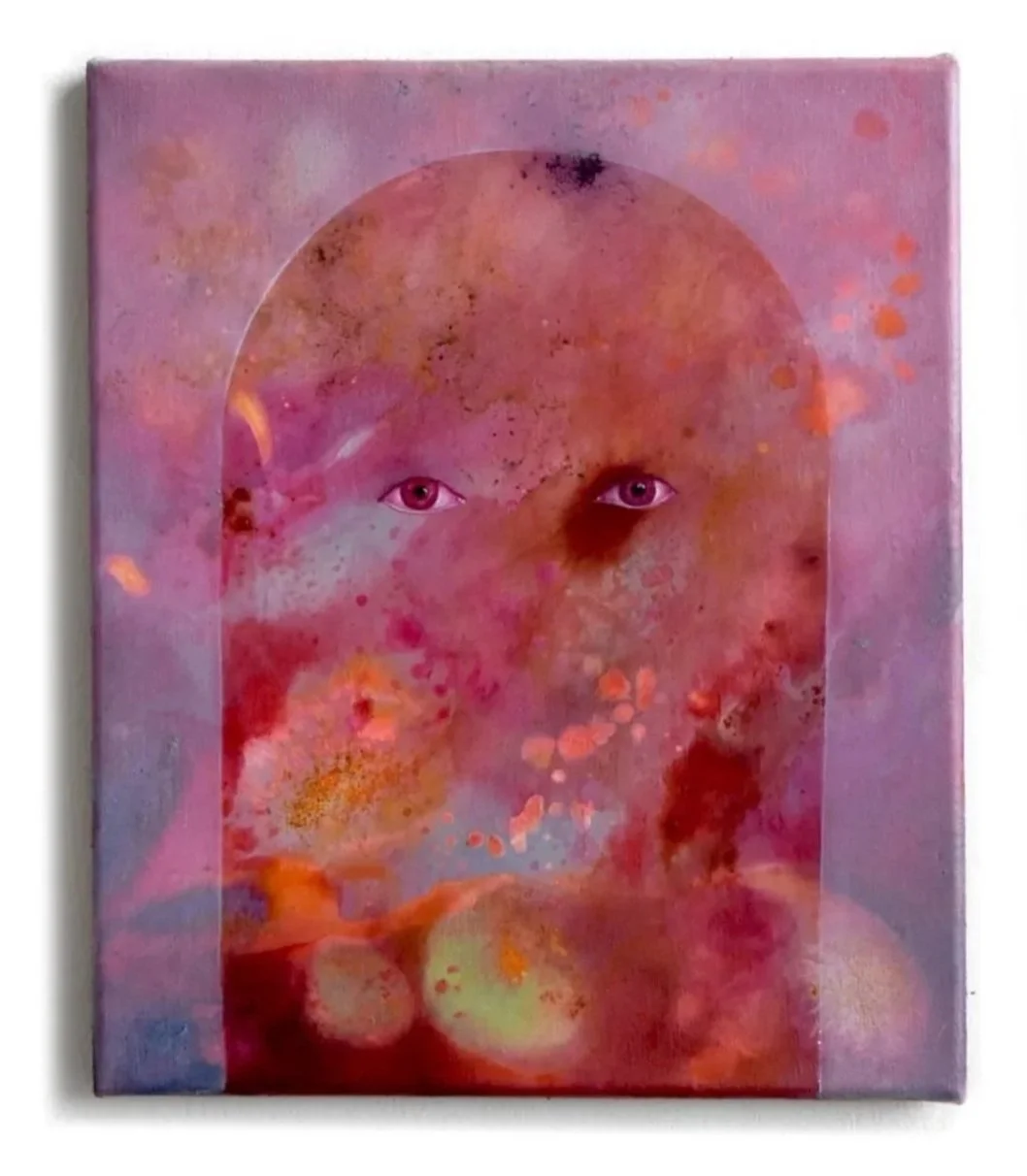 Echoes Through The Silent Gate I, acrylic, watercolour powder and oil on linen, 25x30x1.8cm, 2026, shown at London Art Fair with Blueshop Gallery