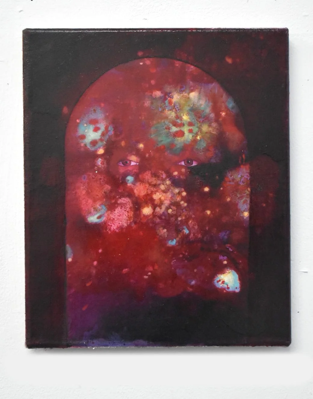 Echoes Through The Silent Gate II, acrylic, watercolour powder and oil on linen, 25x30x1.8cm, 2026, shown at London Art Fair with Blueshop Gallery