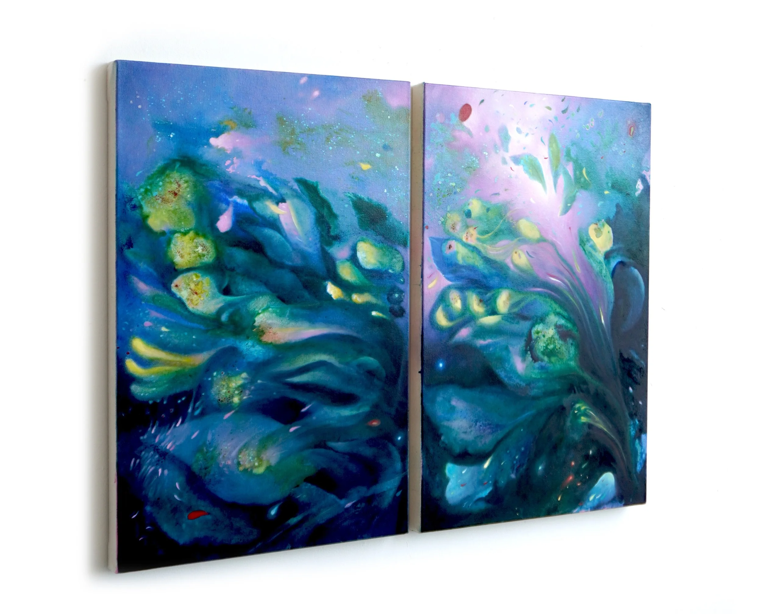 Magnetic Fields, acrylic ink, watercolour powder and oil on canvas ​, 100x70x3.6cm (50x70cm each), 2025