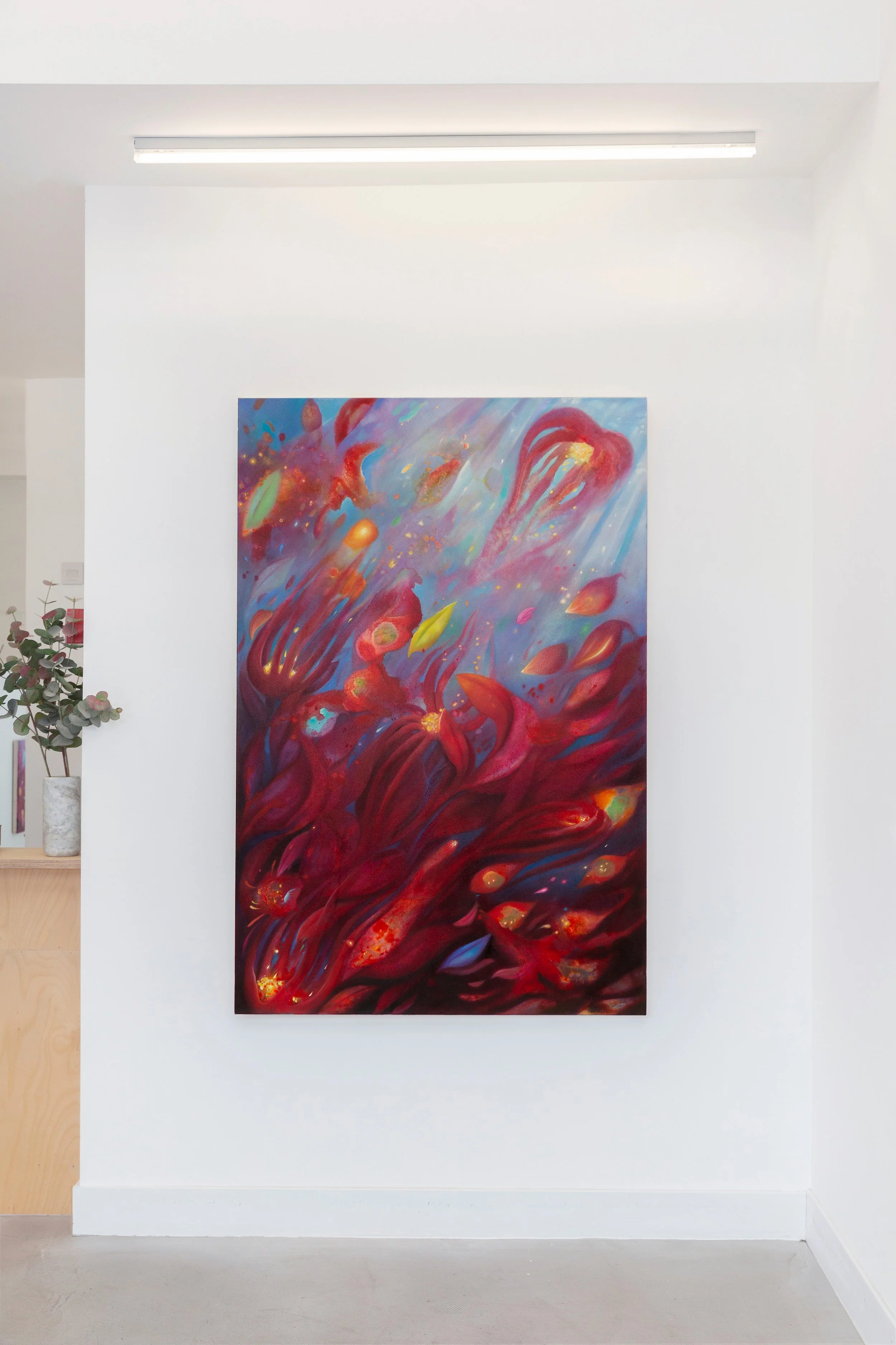 Between Mortals And Beings, acrylic ink, watercolour powder and oil on canvas ​, 100x150x3.6cm, 2025