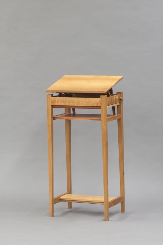 Mechanism down. Perfect for a book stand, standing desk for shorter (5'4") person.