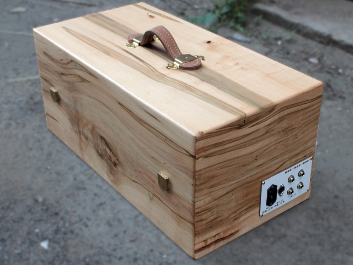 A very old project, made with my father – a case for my modular synthesizer out of ambrosia maple. The top and bottom separate, using brass door hardware.