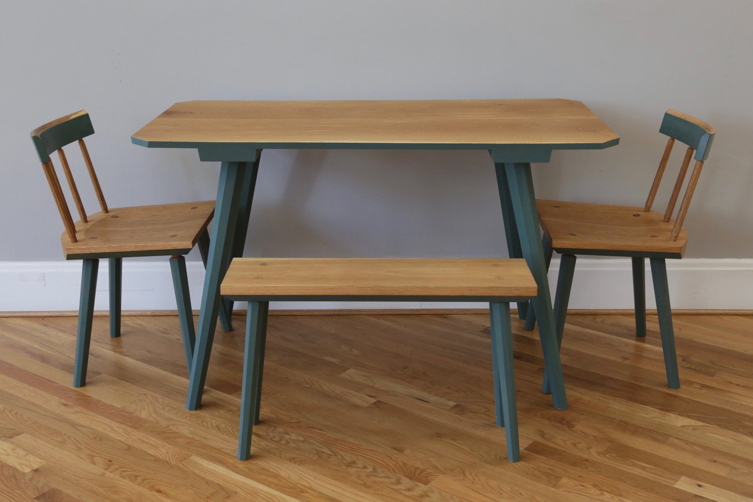 This set, comprised of two chairs, a bench and a table, are based off of Christopher Schwarz's staked designs from The Anarchist's Design Book .