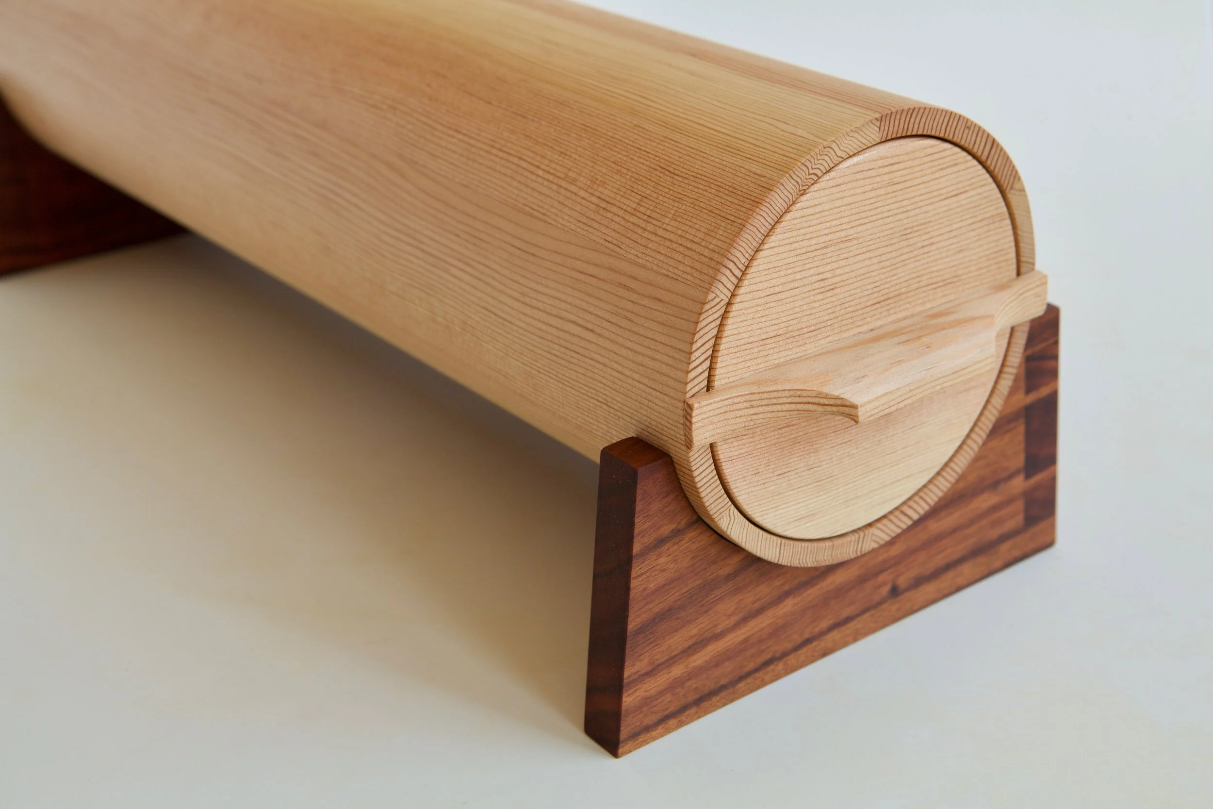  It was made as an experiment in small radius coopering, something I’m quite interested in exploring in the context of my cabinetmaking work. The carcase is a six-stave construction that was rounded and hollowed completely by hand with a coopering pl