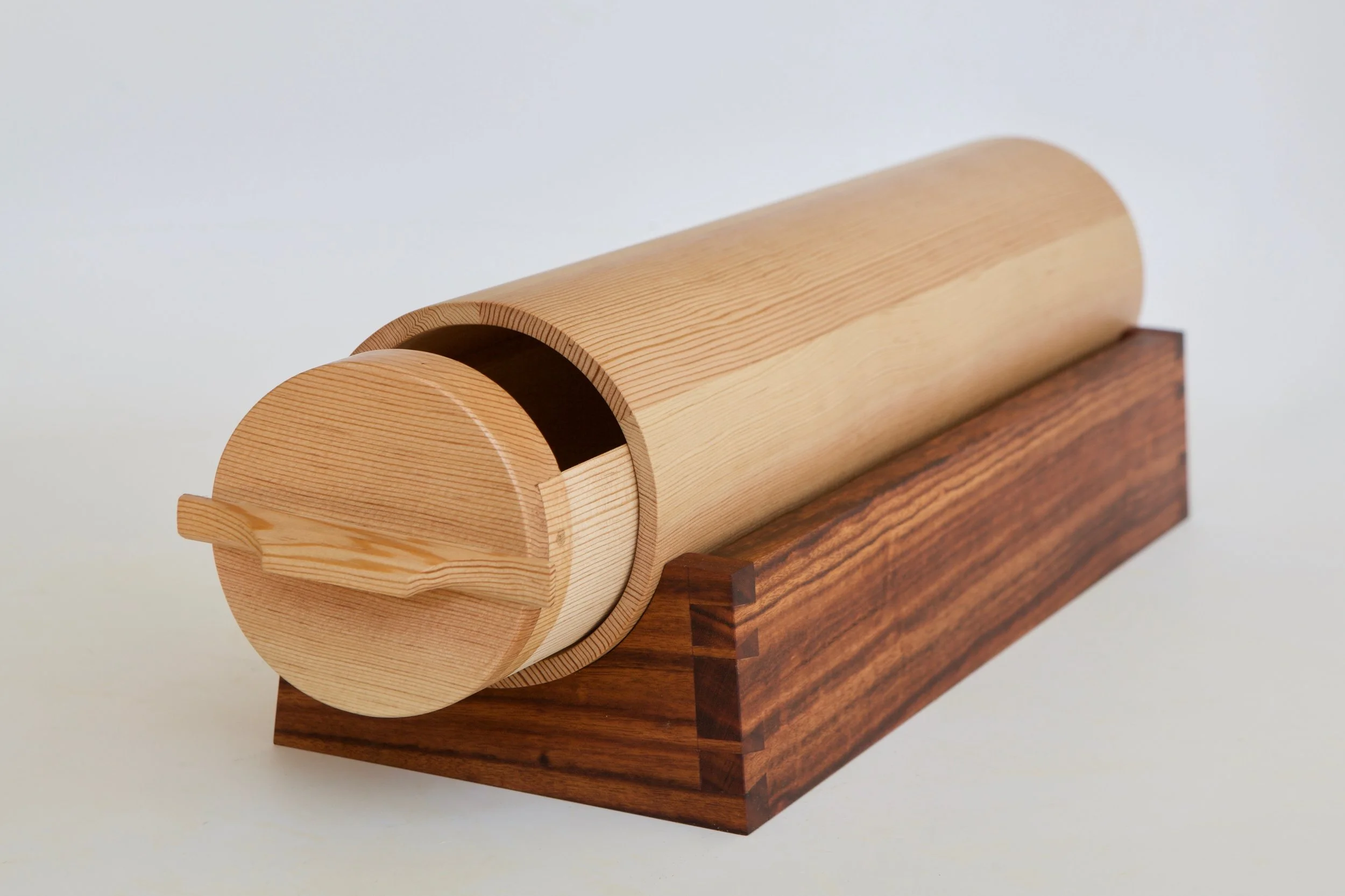  This small coopered “drawer on a stand” was made in September, 2018. The carcase is Douglas fir with a shellac finish and the stand is pao ferro with an oil/wax blend finish. 