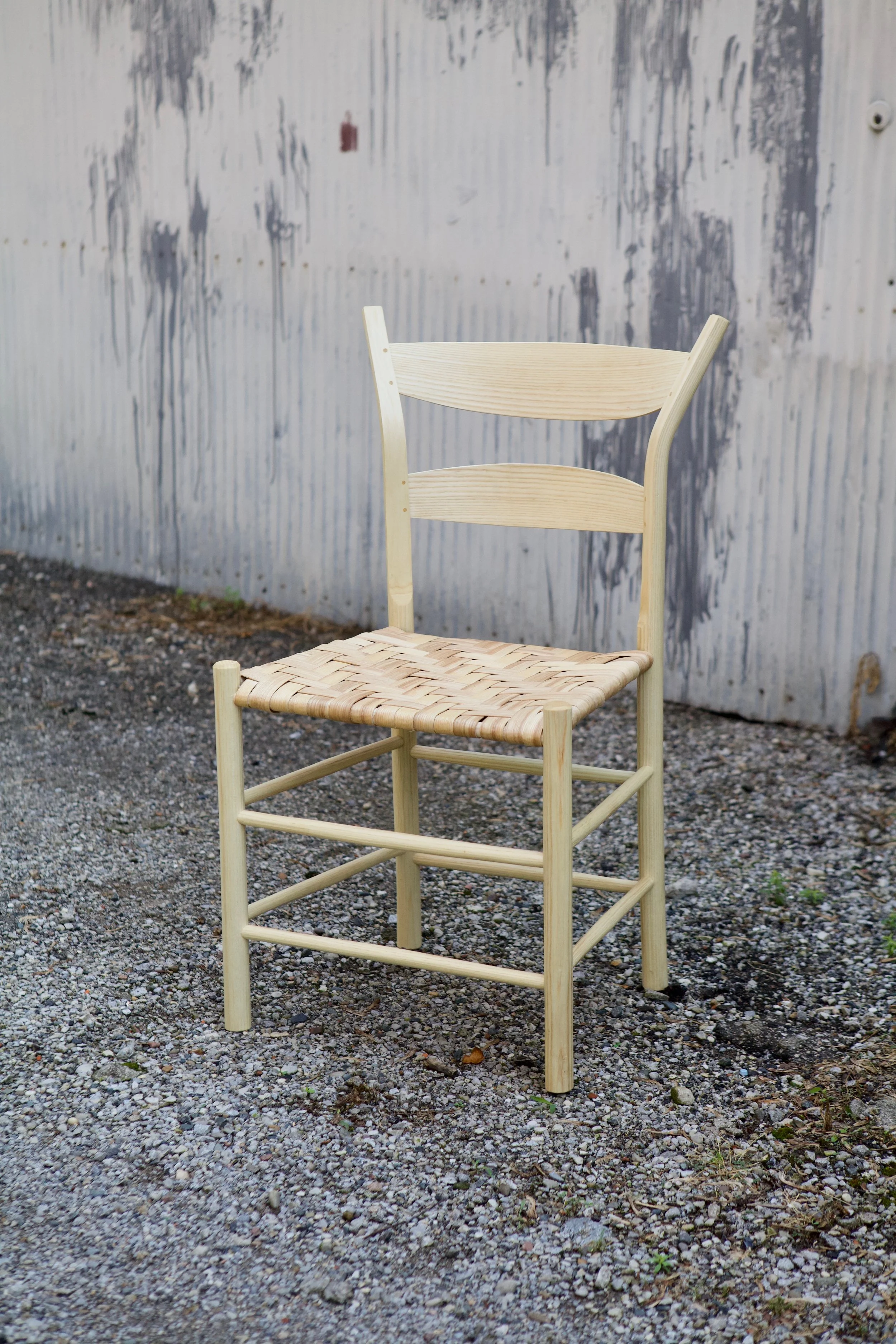  This set of four chairs were built together start to finish, with all lumber rived from a single tree harvest at  Franklin Chthonics  in Franklin, N.Y. The wood is white ash, with machine-cut ash splint seats and a shopmade oil varnish finish. 