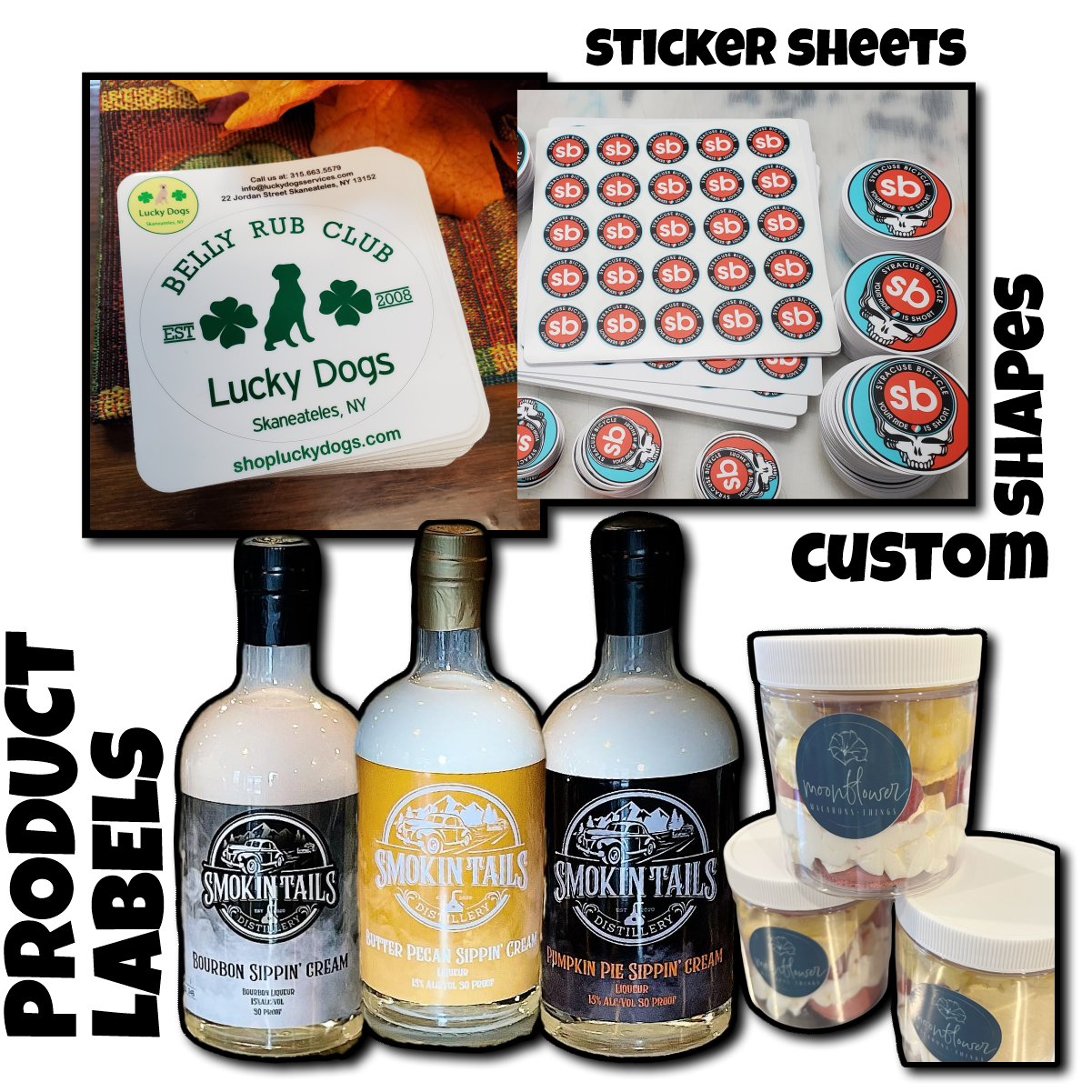 Custom stickers and product labels for your business or event.