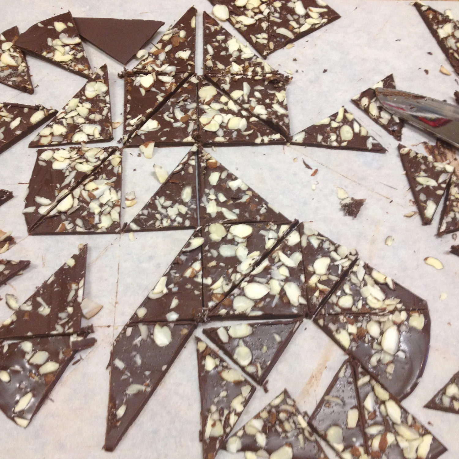 Pieces of chocolate bark with white toppings