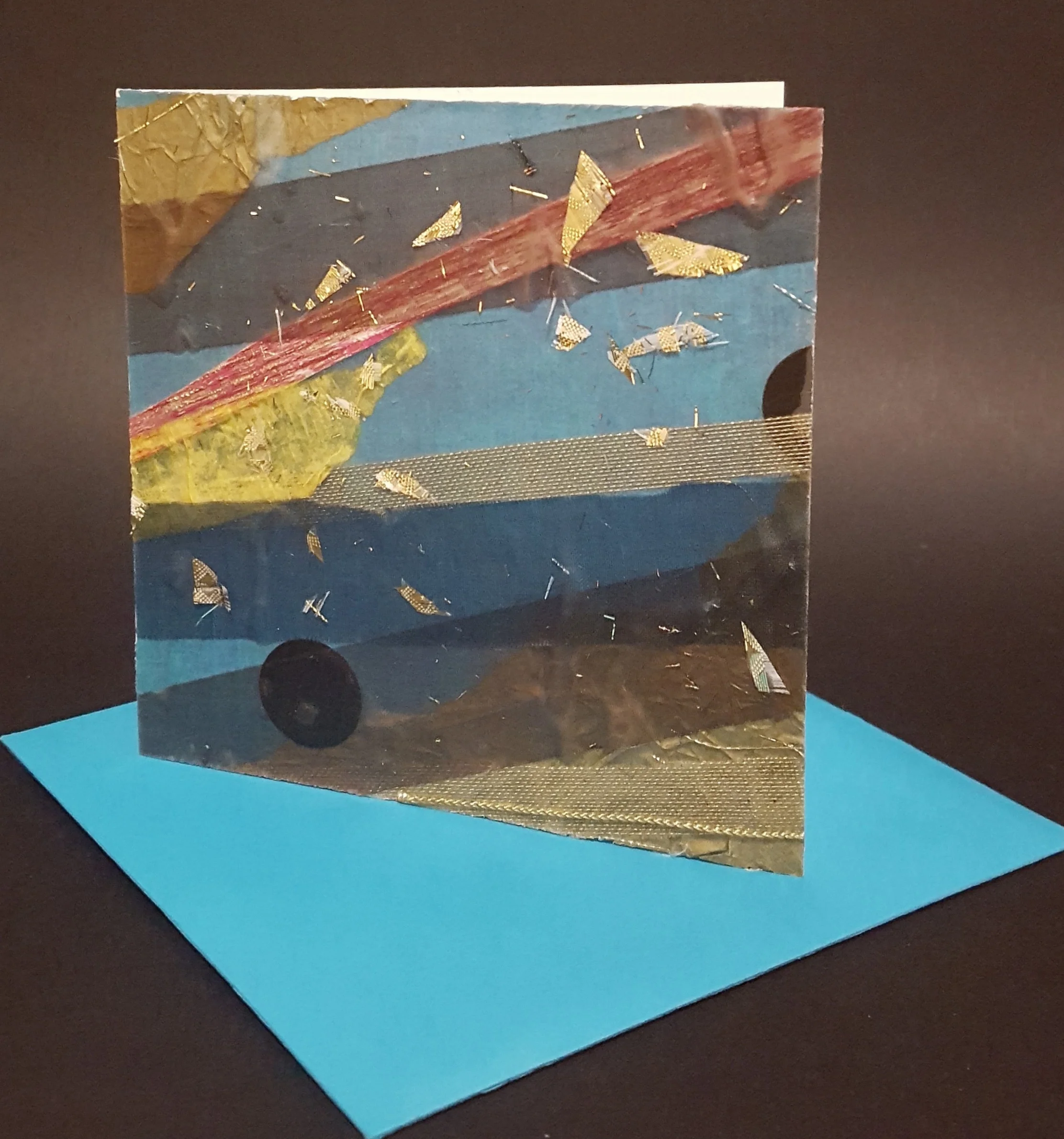  Wallpaper, wire mesh, stickers, tissue, etc.,&nbsp;with shards of gold metallic ribbon 