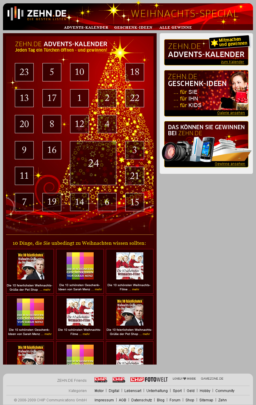 Zehn.de Weihnachts-Gewinnspiel, Header, Banner, Kalender