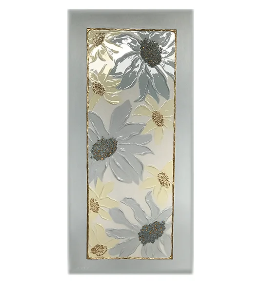 Sculpted 3D&nbsp; flowers. 30" x 60" X 1.5". Mixed media, acrylic, gold leaf and glass coat on canvas.