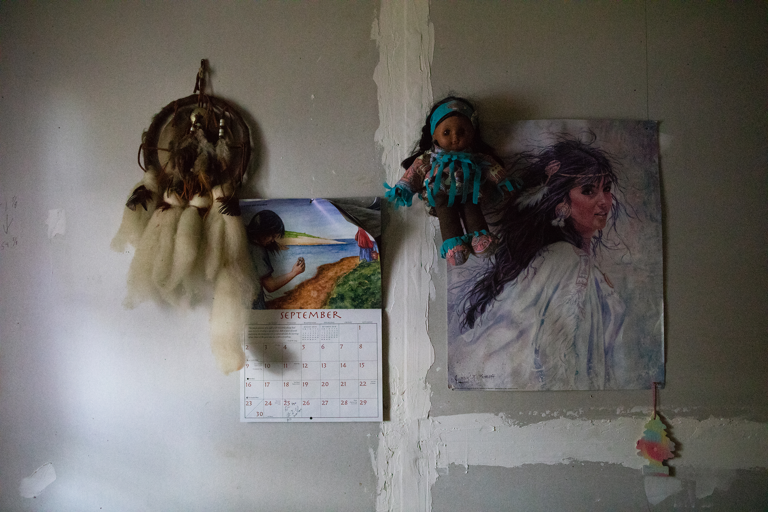 Dreamcatchers and Native American images cover Brenda’s bedroom wall. They are reminders of her biological mother who was part Cherokee.