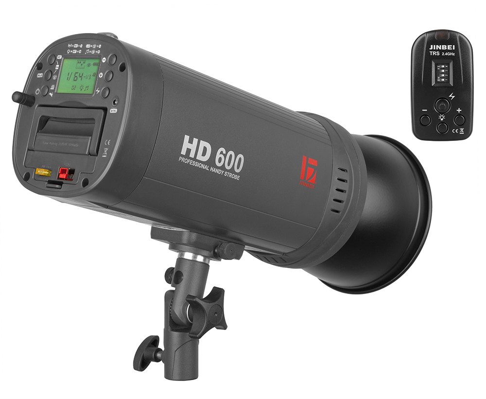 The HD-600 II and its trigger. The battery slides into the back of the flash and can be taken out by the handle. If you think 500 full power flashes won't help you through the day, separate batteries are available.
