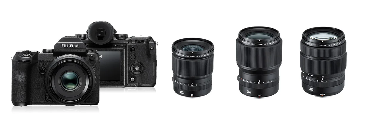 Het cameramateriaal gebruikt op deze trip: een Fujifilm GFX met drie lenzen (niet op schaal): de GF23mmF4 R LM WR, GF110mmF2 R LM WR en de GF32-64mmF4 R LM WR.