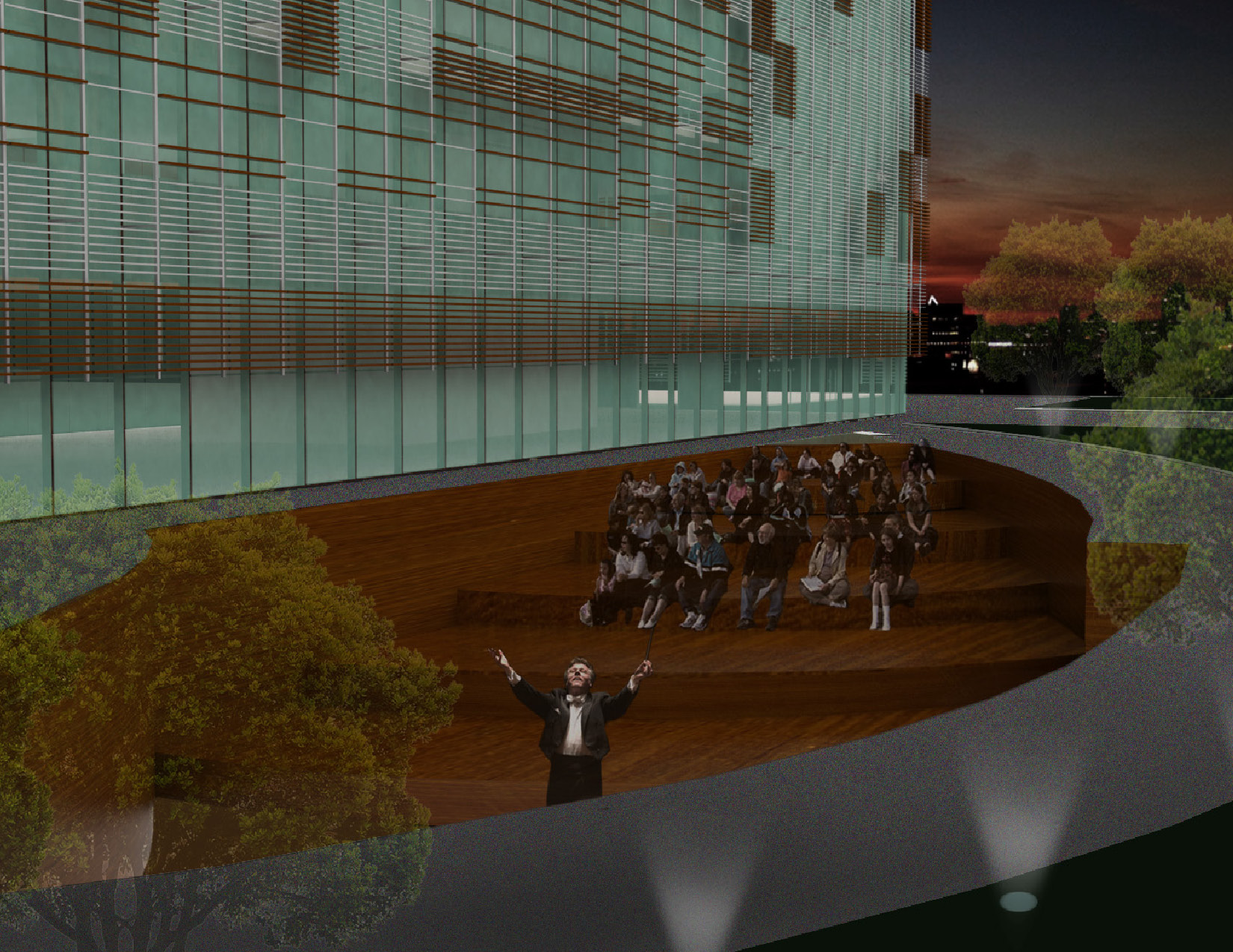 We have designed the Stradivari headquarters. The entire building houses one entity that requires a variety of different spaces and allows for the public to experience the craft of making Stradivari instruments. In developing the design we utilized programmatic distinction and materiality to create two distinct paths that separate the public and private spaces throughout the building. Although we have created this clear separation, we have introduced interstitial spaces that allow the visitor to not only view the internal private functions of the building but experience them as he or she walks through designated spaces embedded within the program. This same logic is expressed through the facade in which the wooden louvers are choreographed to channel natural light in a desirable way responding to the program allocated beyond the facade. The structure of the building and the cores were utilized to divide up spaces and create zones.