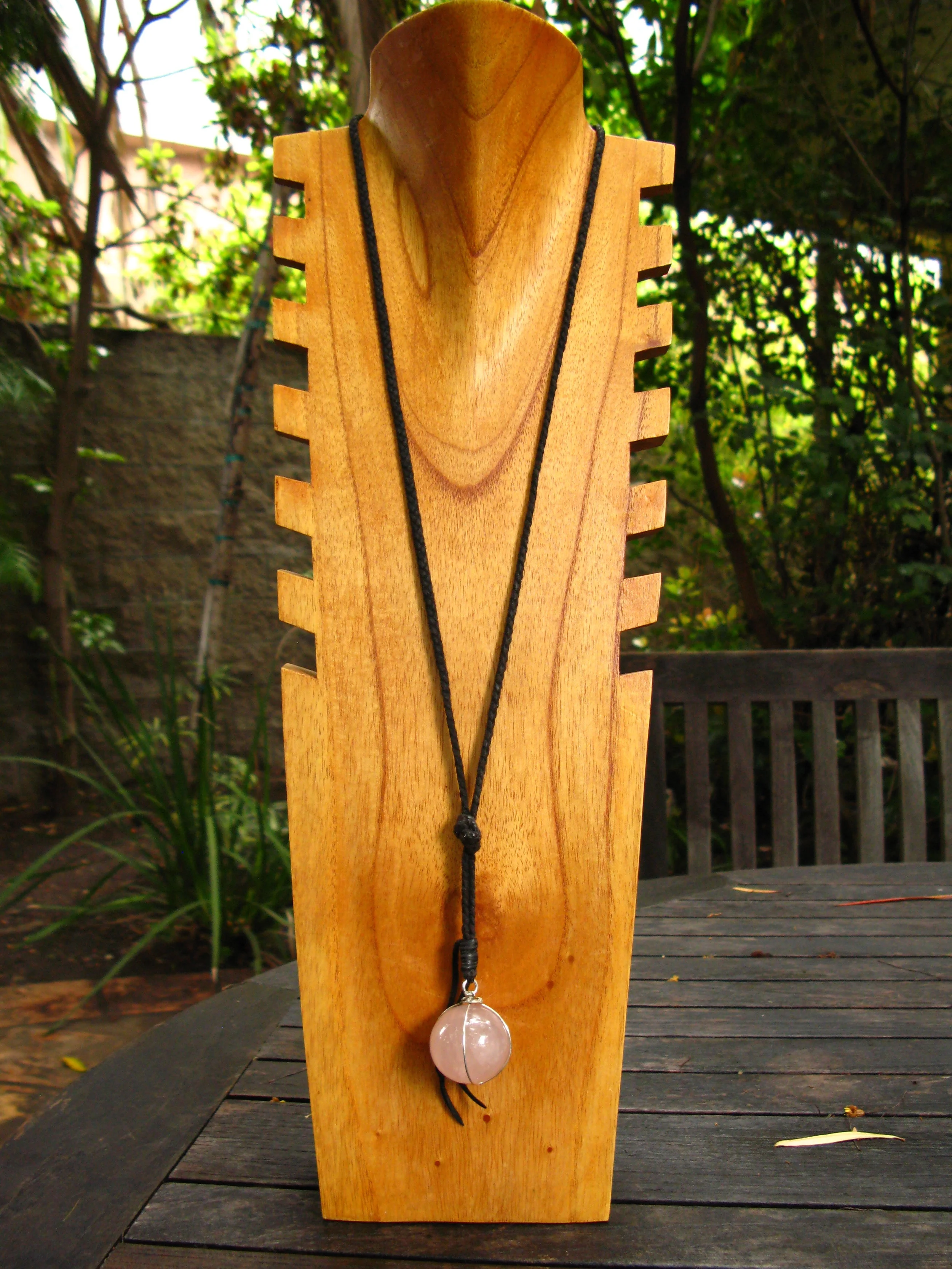 Black Leather and Rose Quartz Necklace Long Front