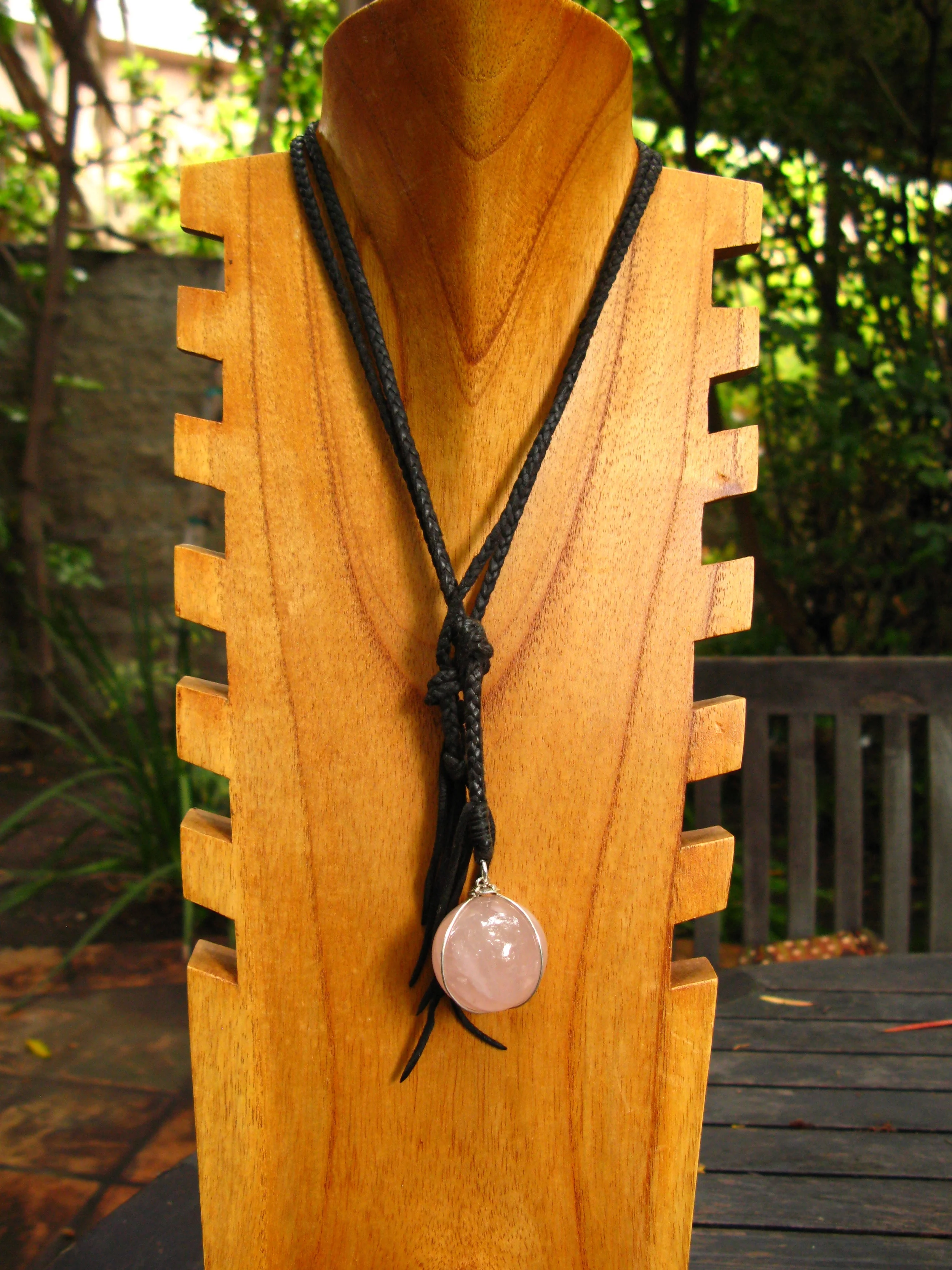 Black Leather and Rose Quartz Necklace Double Front