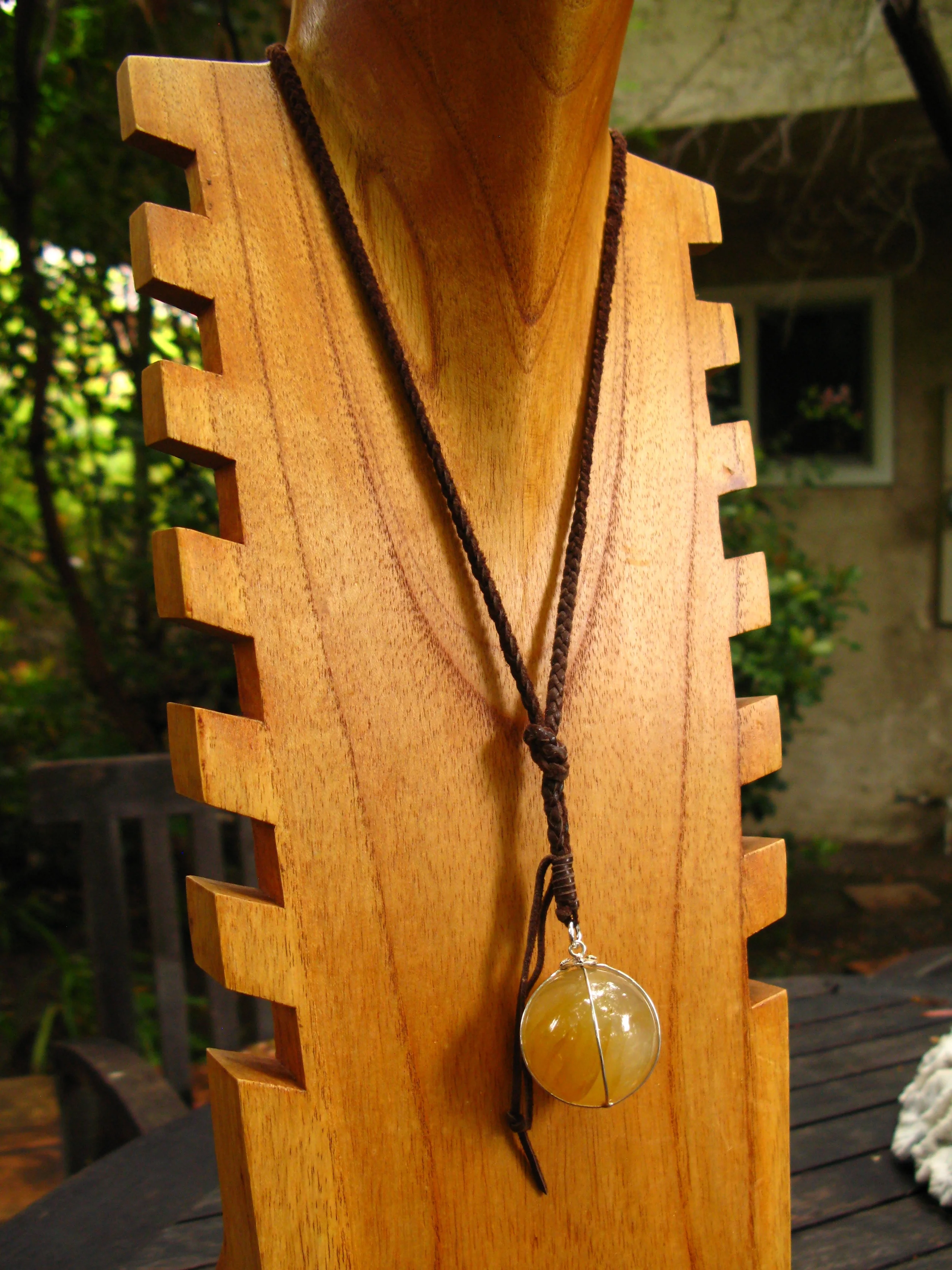 Leather and Yellow Rutilated Quartz Pendant Short Side