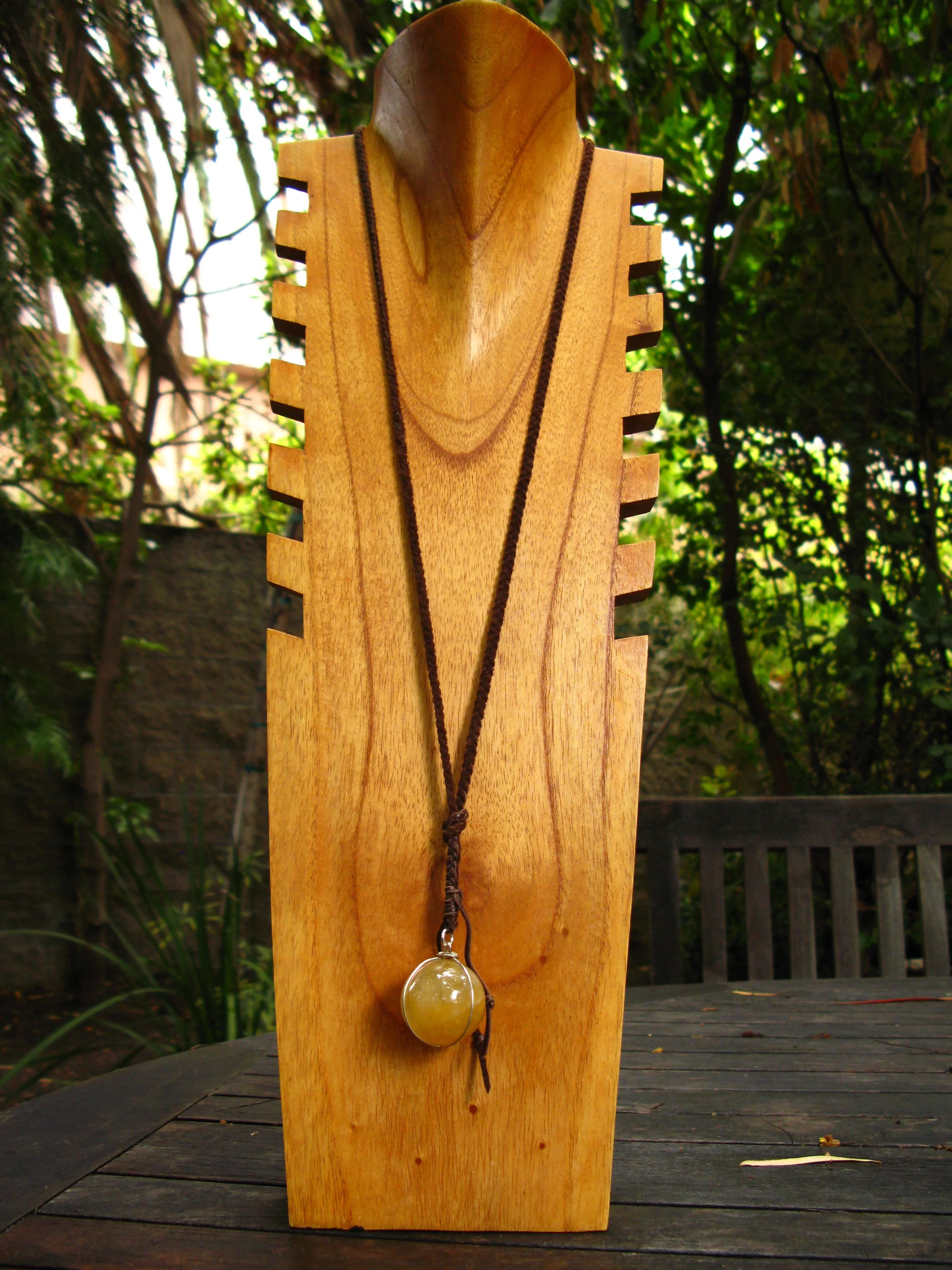 Leather and Yellow Rutilated Quartz Pendant Long Front